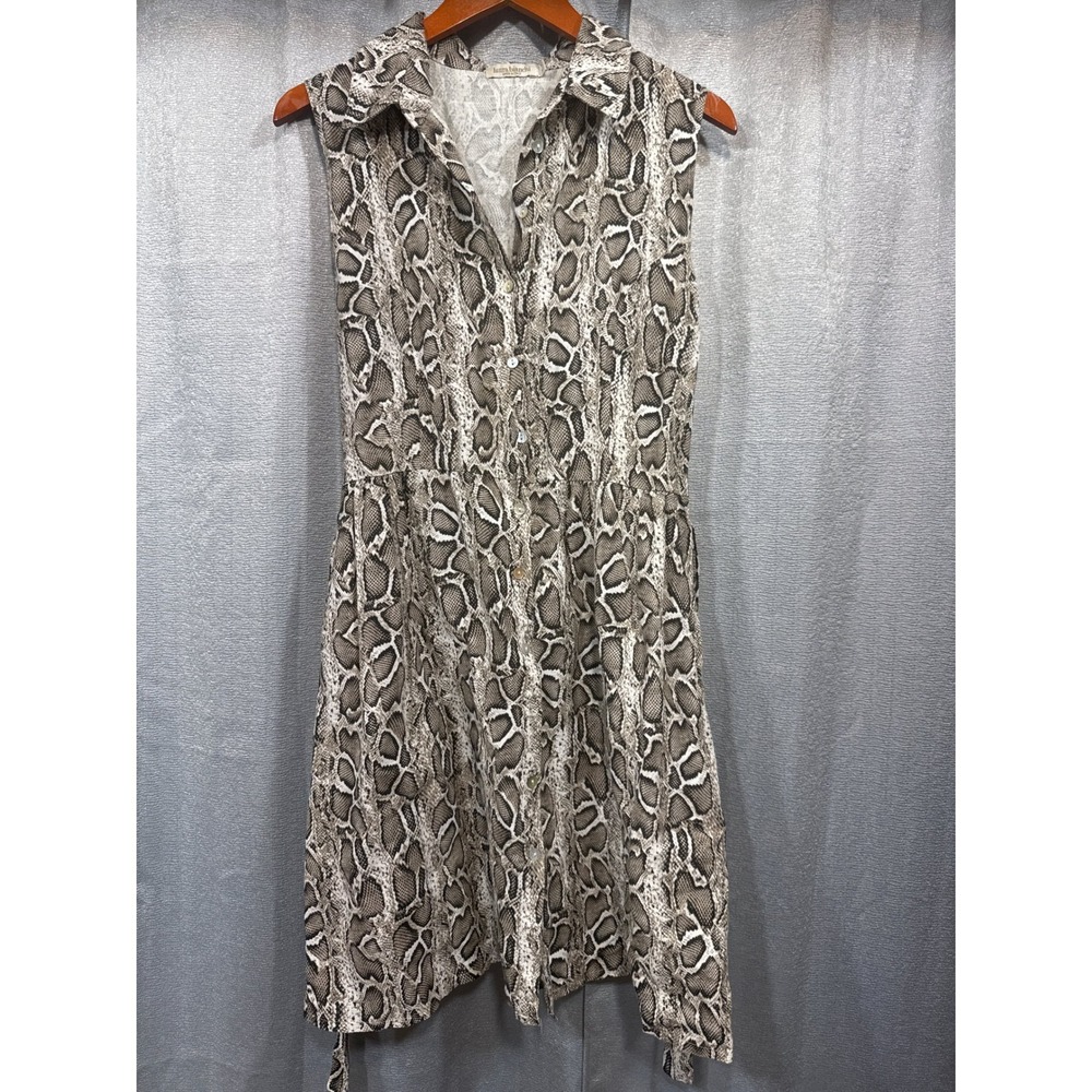 Laura Bianchi Italy Linen Snakeskin Print Sleeveless Shirt Dress Small Tan Gray